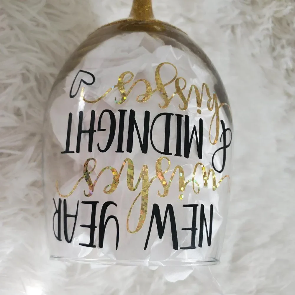 New Year's Wishes Midnight Kisses Gold Glittered Stemmed Wine Glass